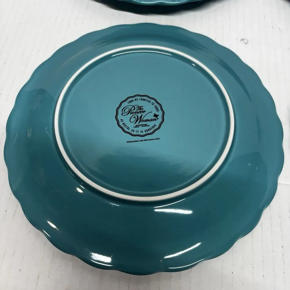 Pioneer Woman Teal Salad Plates Set of 4 Floral Scalloped Stoneware 9”